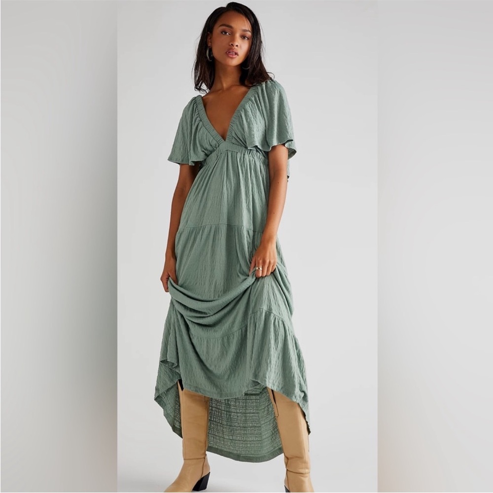 Sage Green Maxi Dress with V-Neck